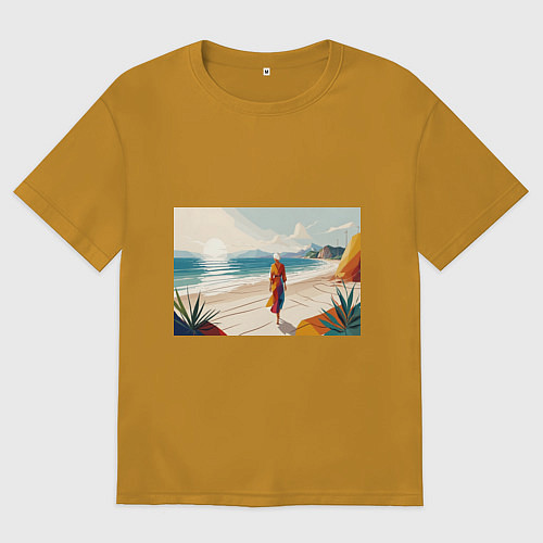 Мужская футболка оверсайз Летний пейзаж с женщиной на пляже / Горчичный – фото 1