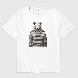 Футболка оверсайз мужская Медведь в свитере новогодний, цвет: белый