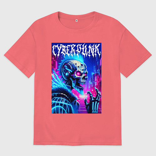 Мужская футболка оверсайз Neon punk skeleton - ai art fantasy / Коралловый – фото 1