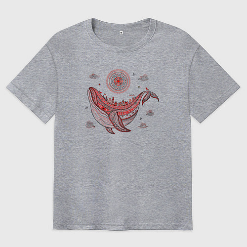 Мужская футболка оверсайз Кит и солнце в стиле мезенской росписи / Меланж – фото 1