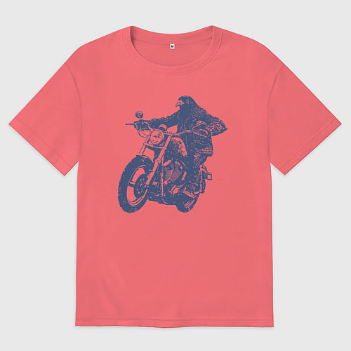 Мужская футболка оверсайз Голубь на мотоцикле чоппере байкер / Коралловый – фото 1
