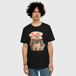 Футболка оверсайз мужская Кролик в шапке, цвет: черный — фото 2