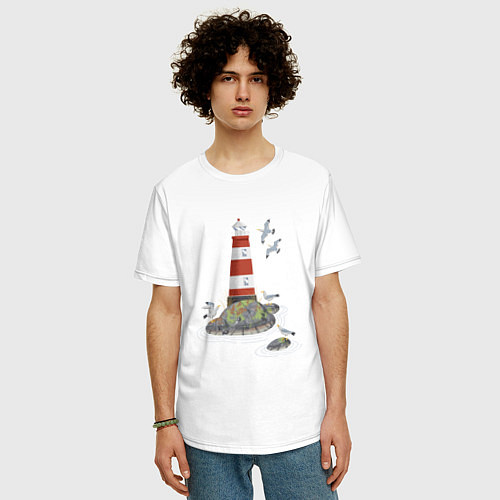 Мужская футболка оверсайз Маяк и чайки на берегу моря / Белый – фото 3