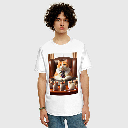 Мужская футболка оверсайз Рыжий кот босс - нейроарт / Белый – фото 3