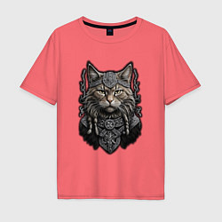 Футболка оверсайз мужская Кот викинг, цвет: коралловый