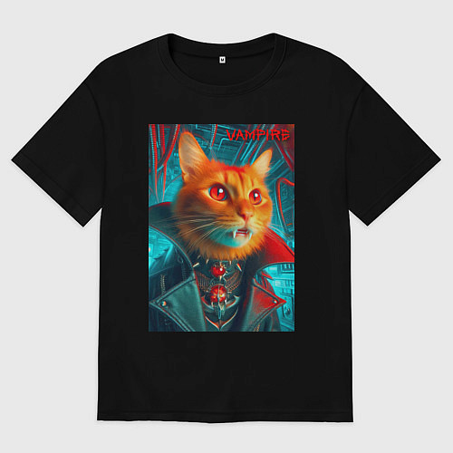 Мужская футболка оверсайз Рыжий кот вампир - нейроарт / Черный – фото 1