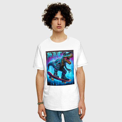 Мужская футболка оверсайз Dude tyrannosaur on a skateboard - ai art / Белый – фото 3