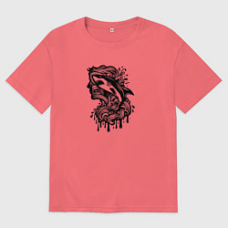 Футболка оверсайз мужская Татуировка с акулой и головой человека, цвет: коралловый
