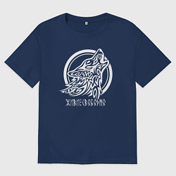 Футболка оверсайз мужская Эмблема белый славянский волк, цвет: тёмно-синий