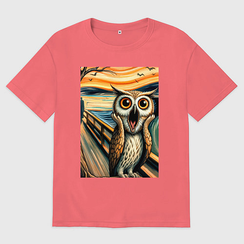 Мужская футболка оверсайз Сова кричит на картине Эдварда Мунка - нейроарт / Коралловый – фото 1
