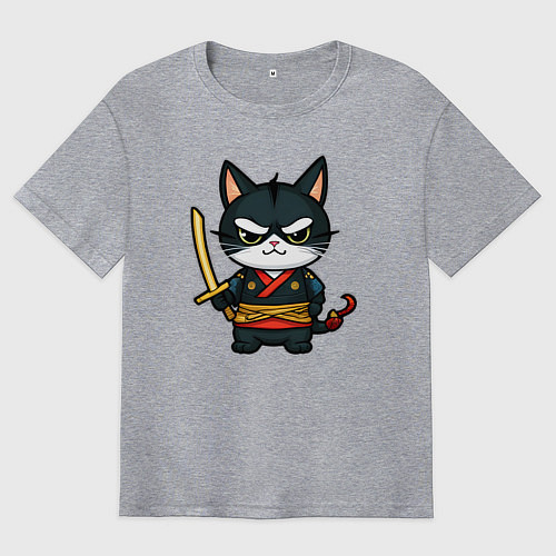 Мужская футболка оверсайз Смелый кот самурай / Меланж – фото 1