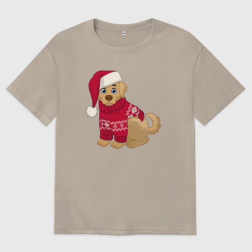 Мужская футболка оверсайз Собачка в новогоднем свитере / Миндальный – фото 1