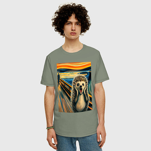 Мужская футболка оверсайз Ёжик кричит на картине Эдварда Мунка - мем искусст / Авокадо – фото 3