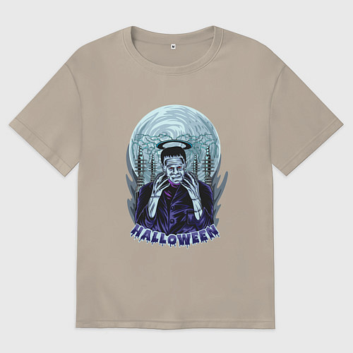 Мужская футболка оверсайз Хэллоуин Франкенштейн / Миндальный – фото 1