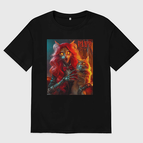 Мужская футболка оверсайз Ведьма с рыжим котом - хэллоуин / Черный – фото 1