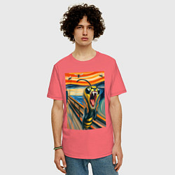 Футболка оверсайз мужская Оса кричит на картине Эдварда Мунка - мем искусств, цвет: коралловый — фото 2