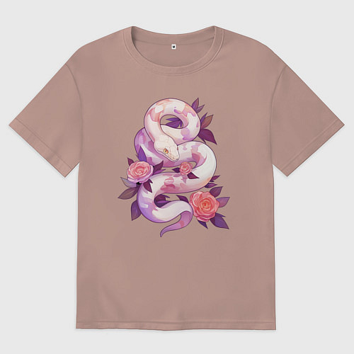Мужская футболка оверсайз Классная змея в розах / Пыльно-розовый – фото 1