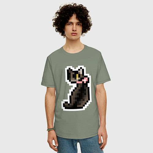 Мужская футболка оверсайз Милая пиксельная кошка с розовым ошейником / Авокадо – фото 3