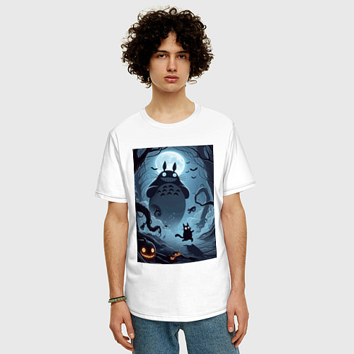 Мужская футболка оверсайз Тоторо и бегущий чёрный кот - хэллоуин / Белый – фото 3