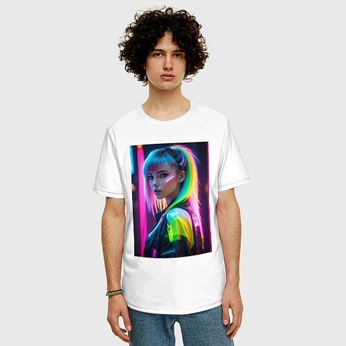 Мужская футболка оверсайз Киберпанк девушка с зеленым хвостом / Белый – фото 3