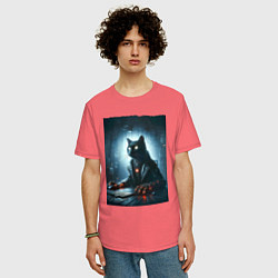 Футболка оверсайз мужская Кибер кот за компьютером - неоновое свечение, цвет: коралловый — фото 2