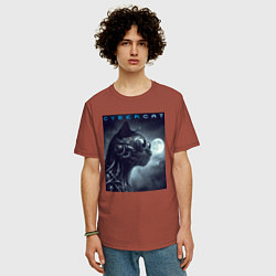 Футболка оверсайз мужская Cyber black cat - ai art fantasy, цвет: кирпичный — фото 2