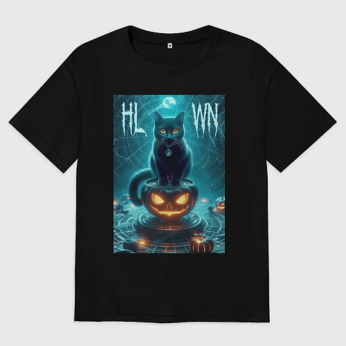 Мужская футболка оверсайз Чёрный кот сидит на тыкве - хэллоуин / Черный – фото 1