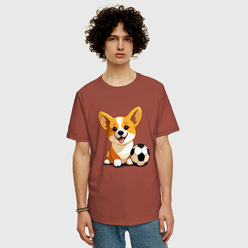 Мужская футболка оверсайз Корги с футбольным мячом / Кирпичный – фото 3