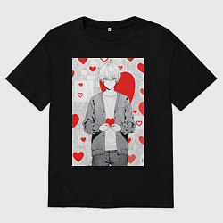 Футболка оверсайз мужская Манга мальчик с сердечками, цвет: черный