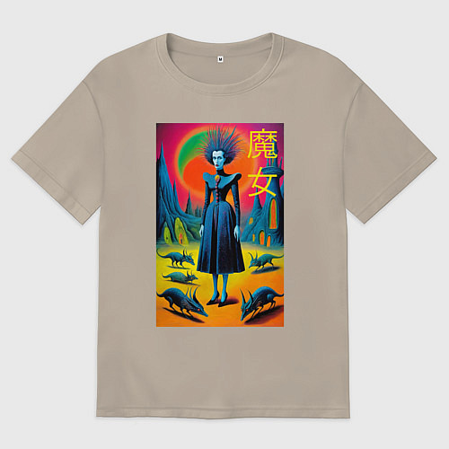 Мужская футболка оверсайз Портрет ведьмы со зверушками - готика / Миндальный – фото 1