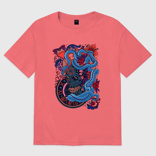 Мужская футболка оверсайз Арт змеи и черепа / Коралловый – фото 1