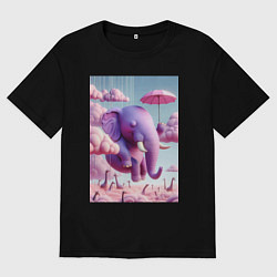 Футболка оверсайз мужская Розовый слон под зонтом в облаках, цвет: черный