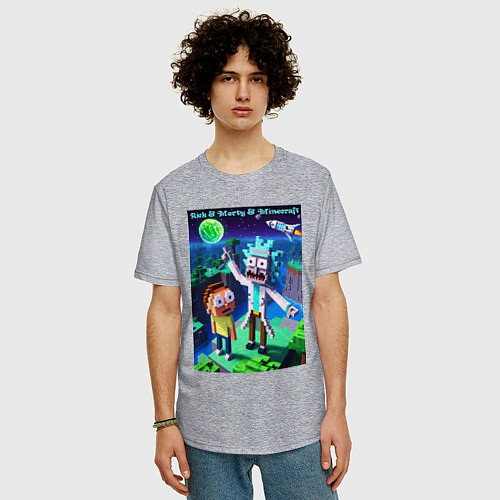 Мужская футболка оверсайз Рик и Морти и Майнкрафт - коллаба / Меланж – фото 3
