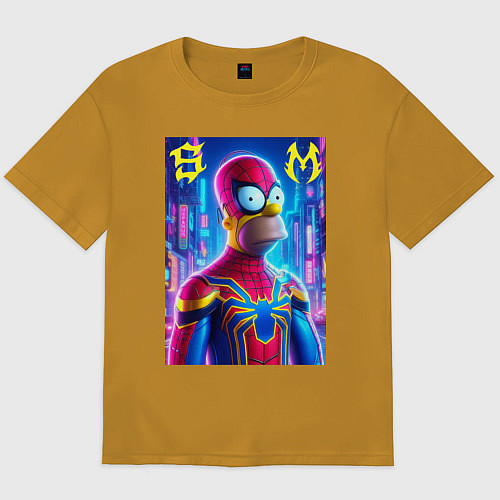 Мужская футболка оверсайз Homer Simpson and Spider man - collaboration / Горчичный – фото 1