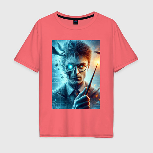 Мужская футболка оверсайз Harry Potter - wizard with magic stick / Коралловый – фото 1