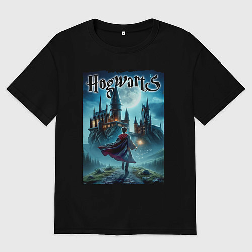 Мужская футболка оверсайз Harry Potter with a magic wand - Hogwarts / Черный – фото 1