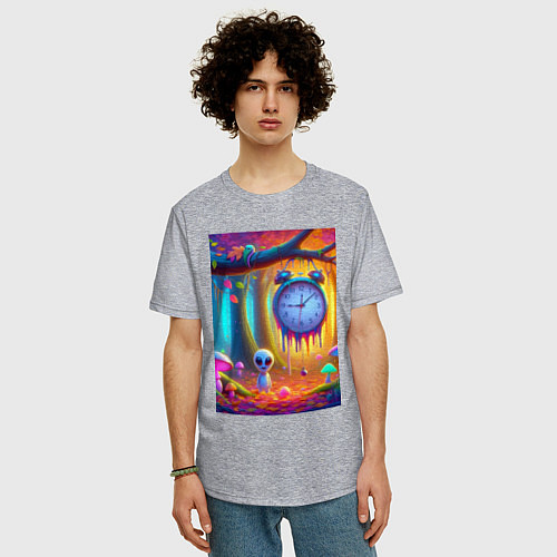 Мужская футболка оверсайз Психоделический осенний фрагмент с будильником / Меланж – фото 3