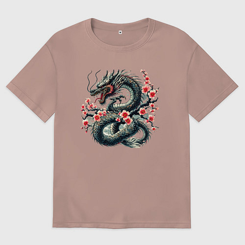Мужская футболка оверсайз Japanese dragon and sakura - irezumi / Пыльно-розовый – фото 1