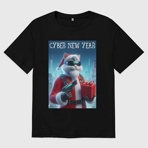 Мужская футболка оверсайз Кот с пистолетом и подарком / Черный – фото 1