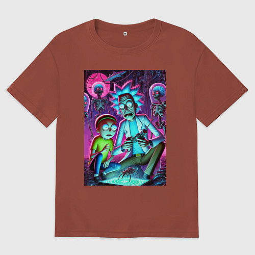 Мужская футболка оверсайз Рик и Морти изучают инопланетное насекомое / Кирпичный – фото 1