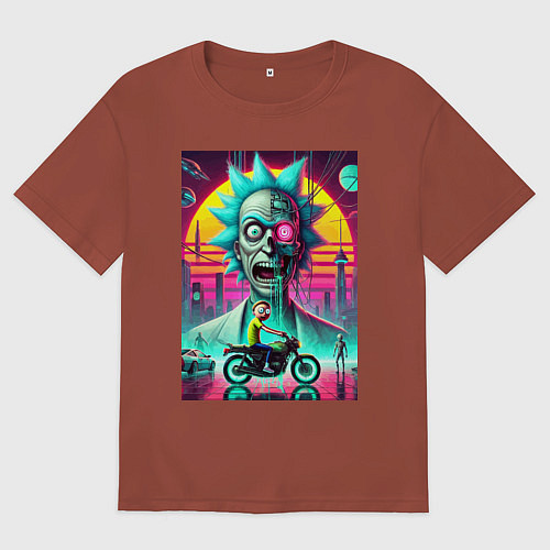 Мужская футболка оверсайз Кибер Рик и Морти на мотоцикле / Кирпичный – фото 1
