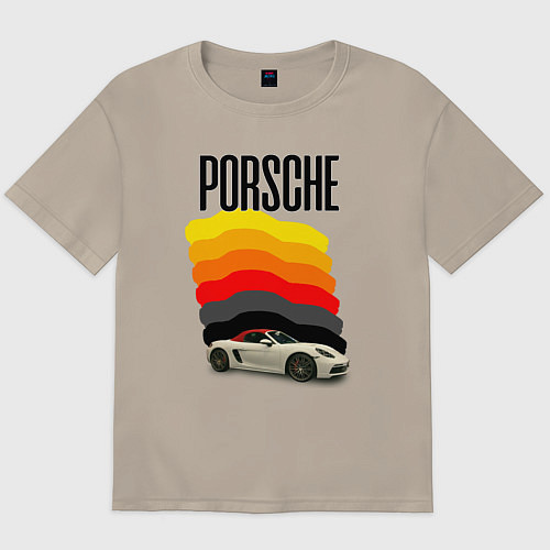Мужская футболка оверсайз Автомобиль Porsche на фоне флага ФРГ / Миндальный – фото 1