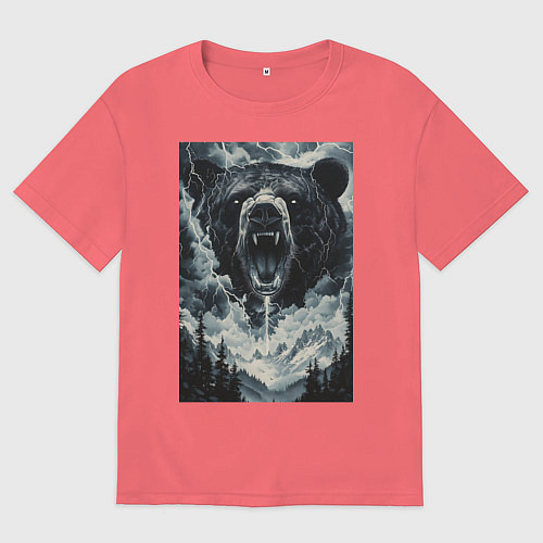 Мужская футболка оверсайз Медведь с оскаленной пастью / Коралловый – фото 1