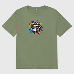 Футболка оверсайз мужская Енот и разноцветные брызги, цвет: авокадо