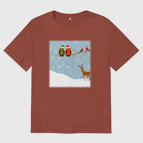 Мужская футболка оверсайз Новогодние птицы на ветке / Кирпичный – фото 1