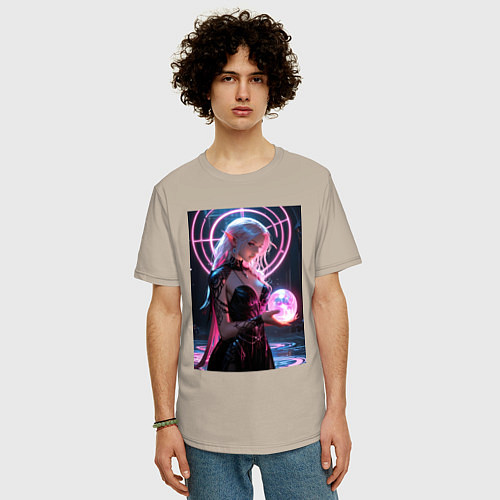 Мужская футболка оверсайз Эльфийка с магической сферой / Миндальный – фото 3