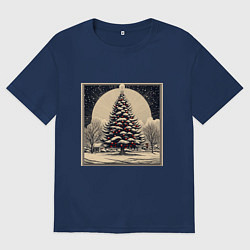 Футболка оверсайз мужская Марка с наряженной елкой - нейросеть, цвет: тёмно-синий