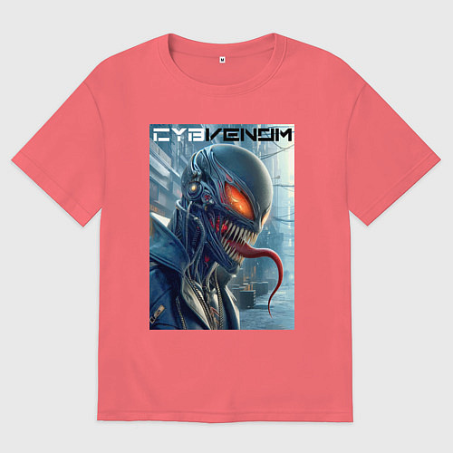 Мужская футболка оверсайз Перерождение ядовитой слизи в киберпанк - Веном / Коралловый – фото 1