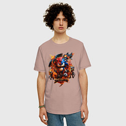 Футболка оверсайз мужская Соник и Наклз на фоне огненных роботов, цвет: пыльно-розовый — фото 2