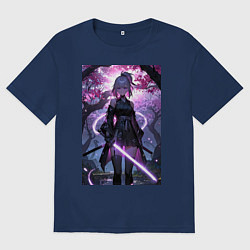 Футболка оверсайз мужская Девушка с катаной на фоне цветущей сакуры, цвет: тёмно-синий